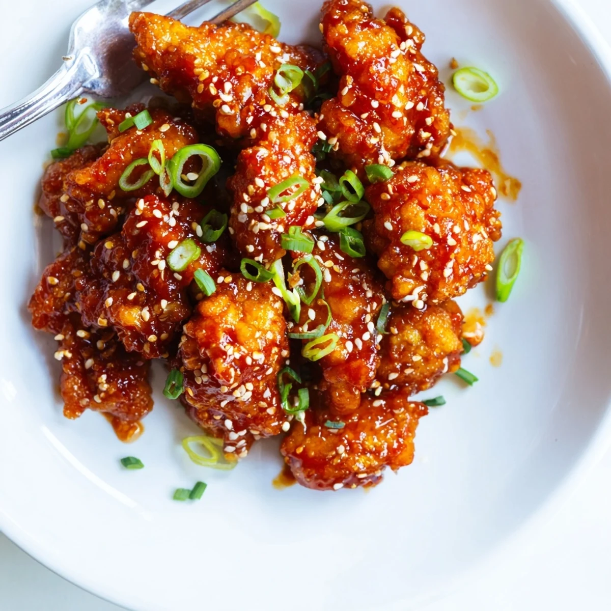 Asian-inspired sticky sweet chili chicken in a spicy honey garlic glaze topped with fresh scallions and crunchy seeds
