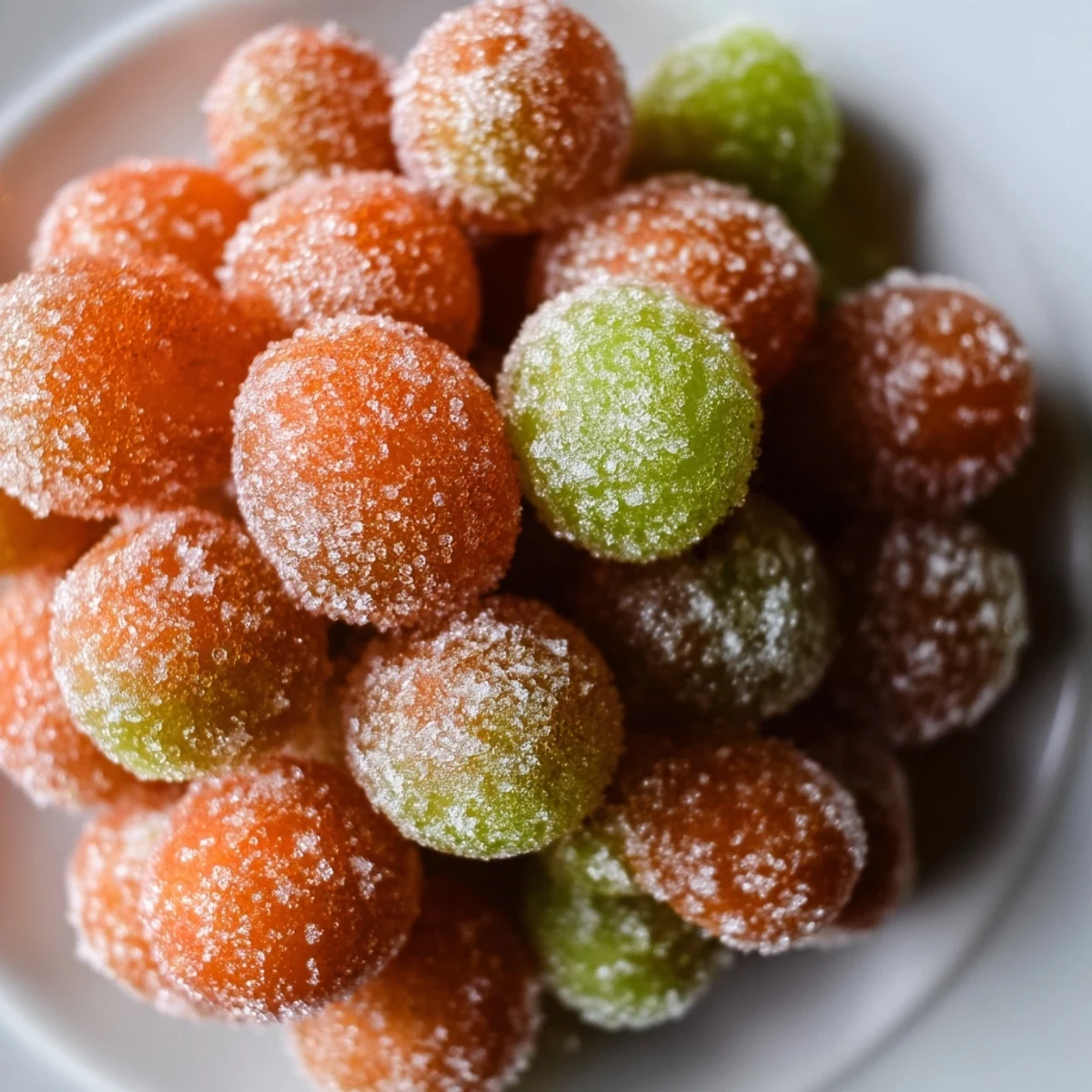 Bowl of frozen Tajín grapes dusted with red chili lime seasoning on a wooden surface