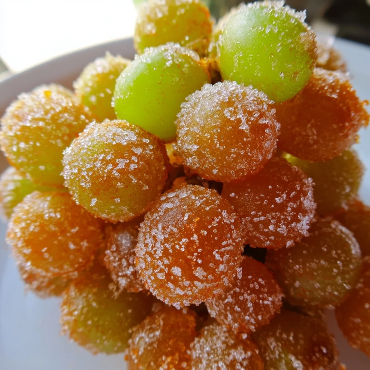 Fresh green grapes coated in spicy Tajín seasoning and lime juice arranged on a white plate