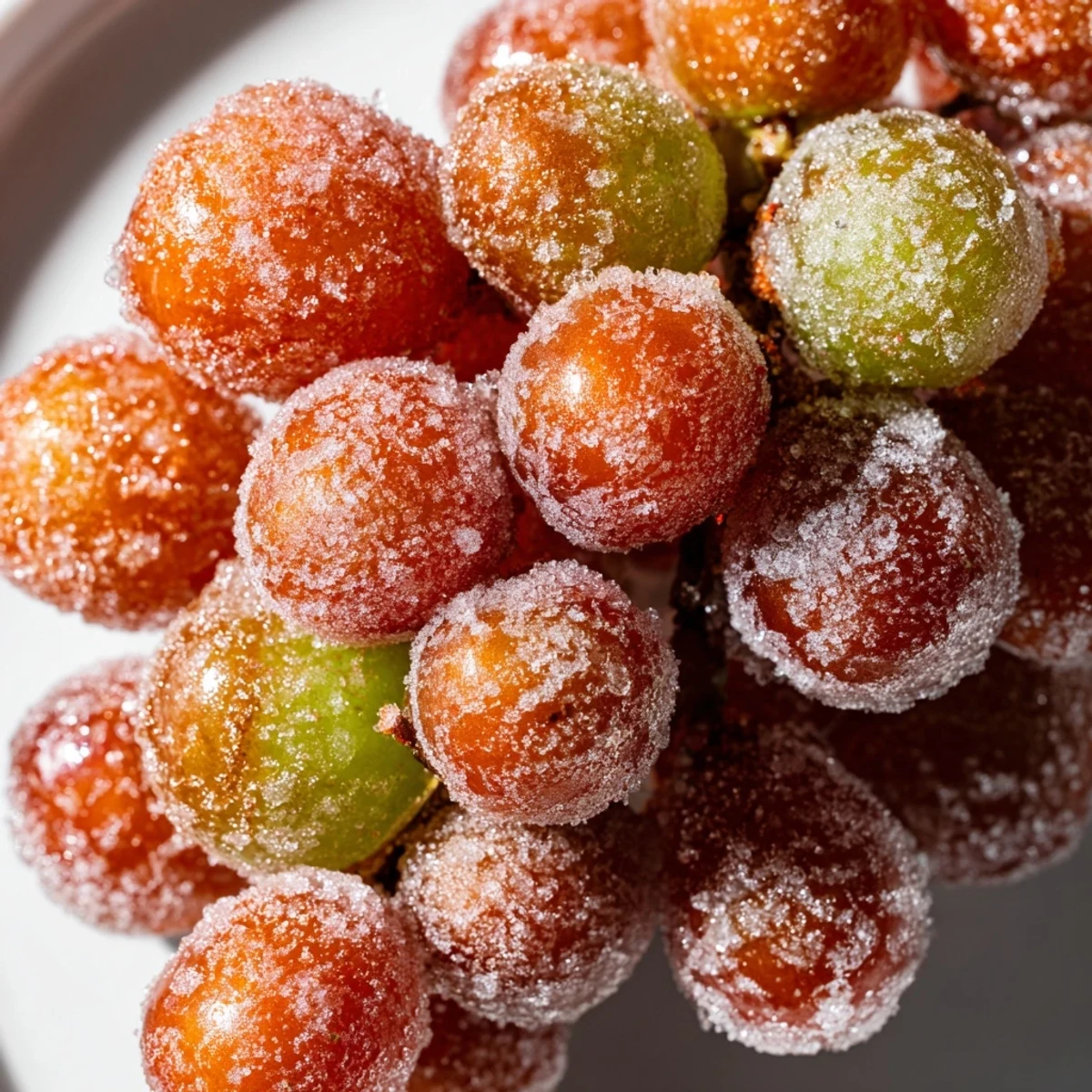 Close-up of frozen green grapes sprinkled with Tajín and fresh lime zest for a refreshing snack