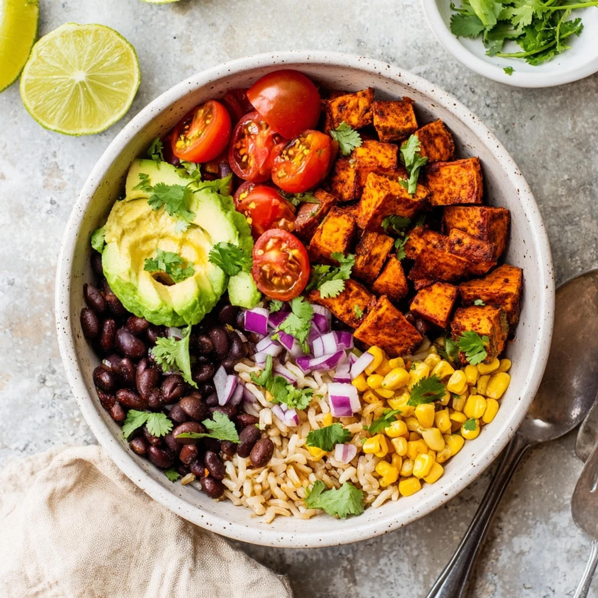 Golden roasted sweet potato chunks piled atop fluffy brown rice in a vegan sweet potato burrito bowl