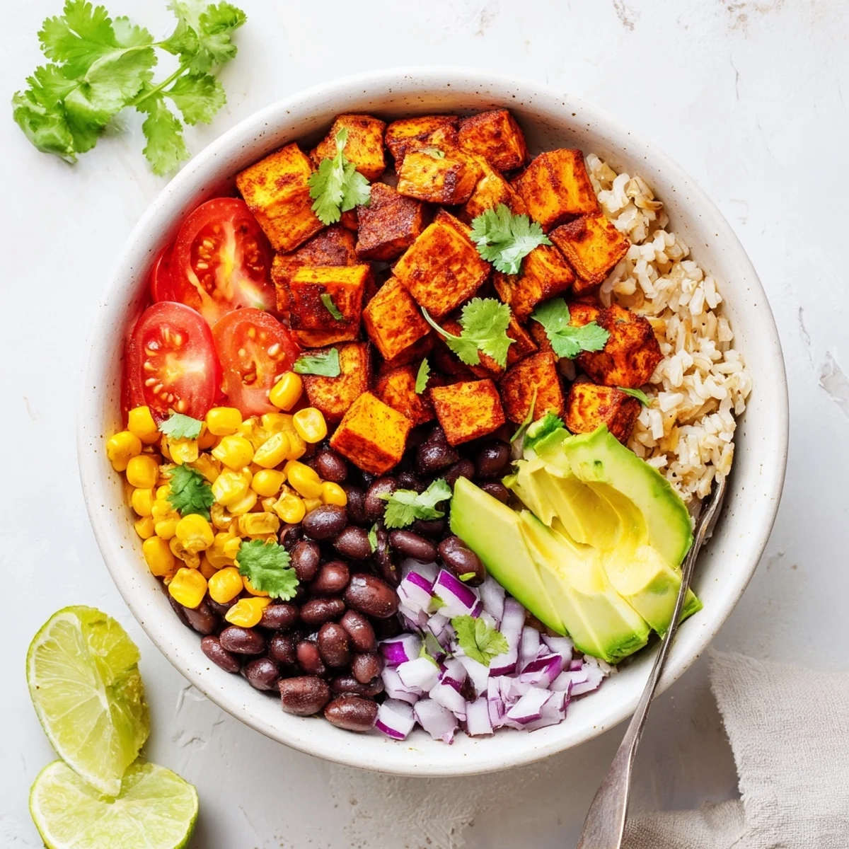 Hearty vegan sweet potato burrito bowl layered with spiced black beans, creamy avocado, and fresh cilantro