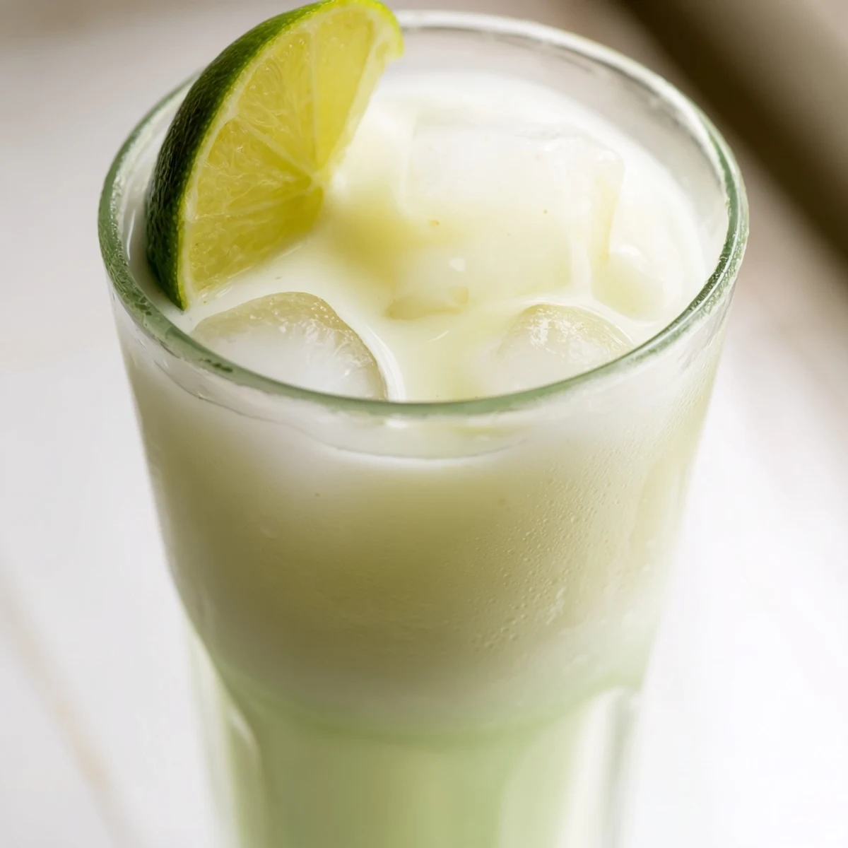 Creamy Brazilian Lemonade served over ice in clear glasses with fresh lime wedge garnish on wooden table