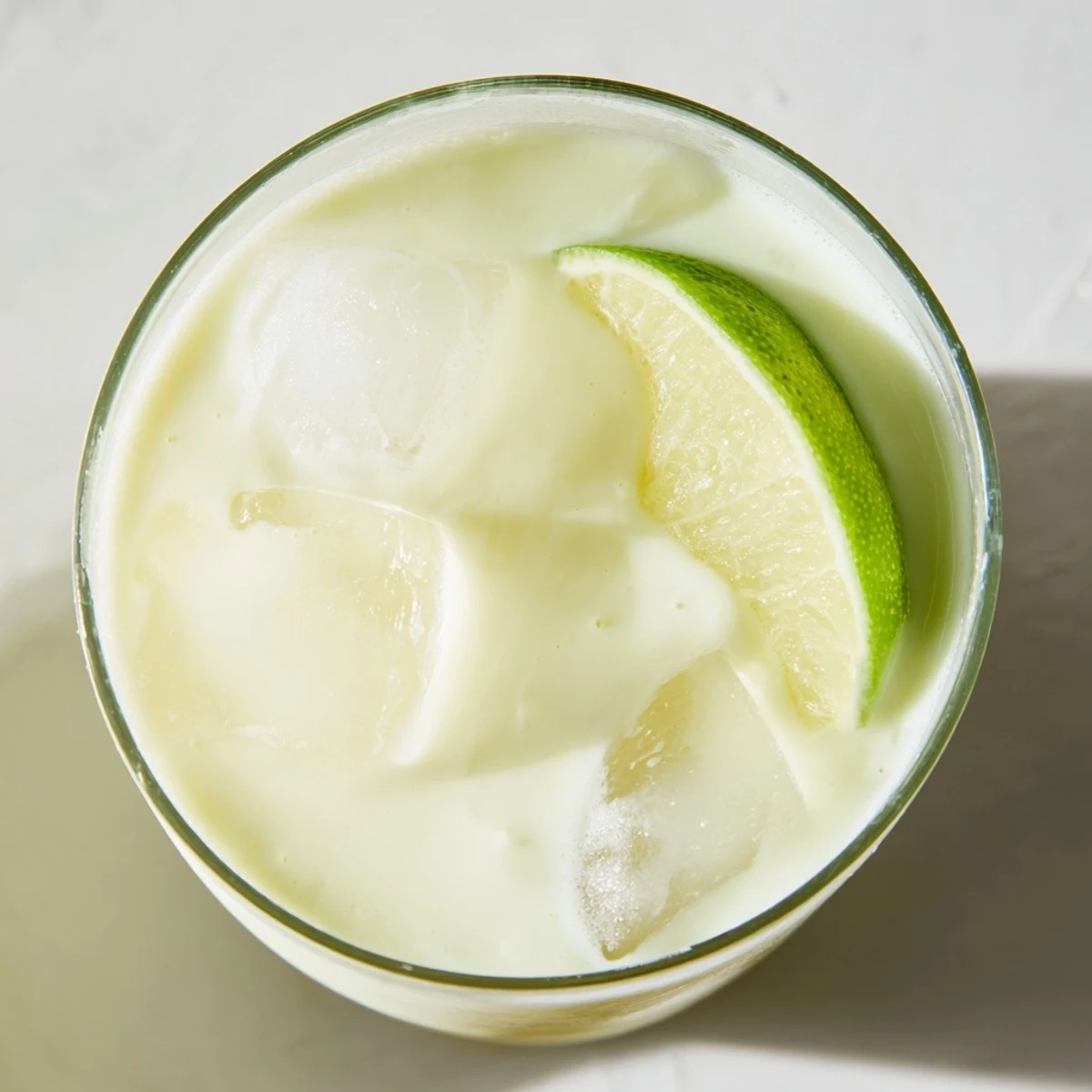 Tall pitcher of pale green Creamy Brazilian Lemonade filled to the brim with ice cubes and condensation droplets