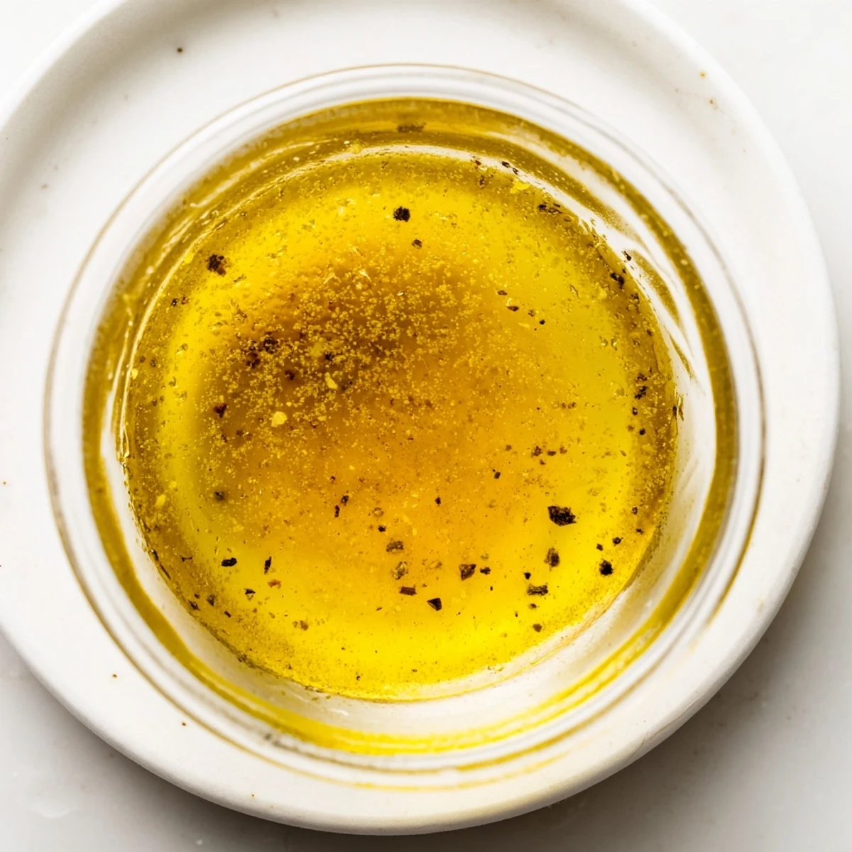 Golden honey lemon vinaigrette drizzled over fresh mixed greens in a white bowl