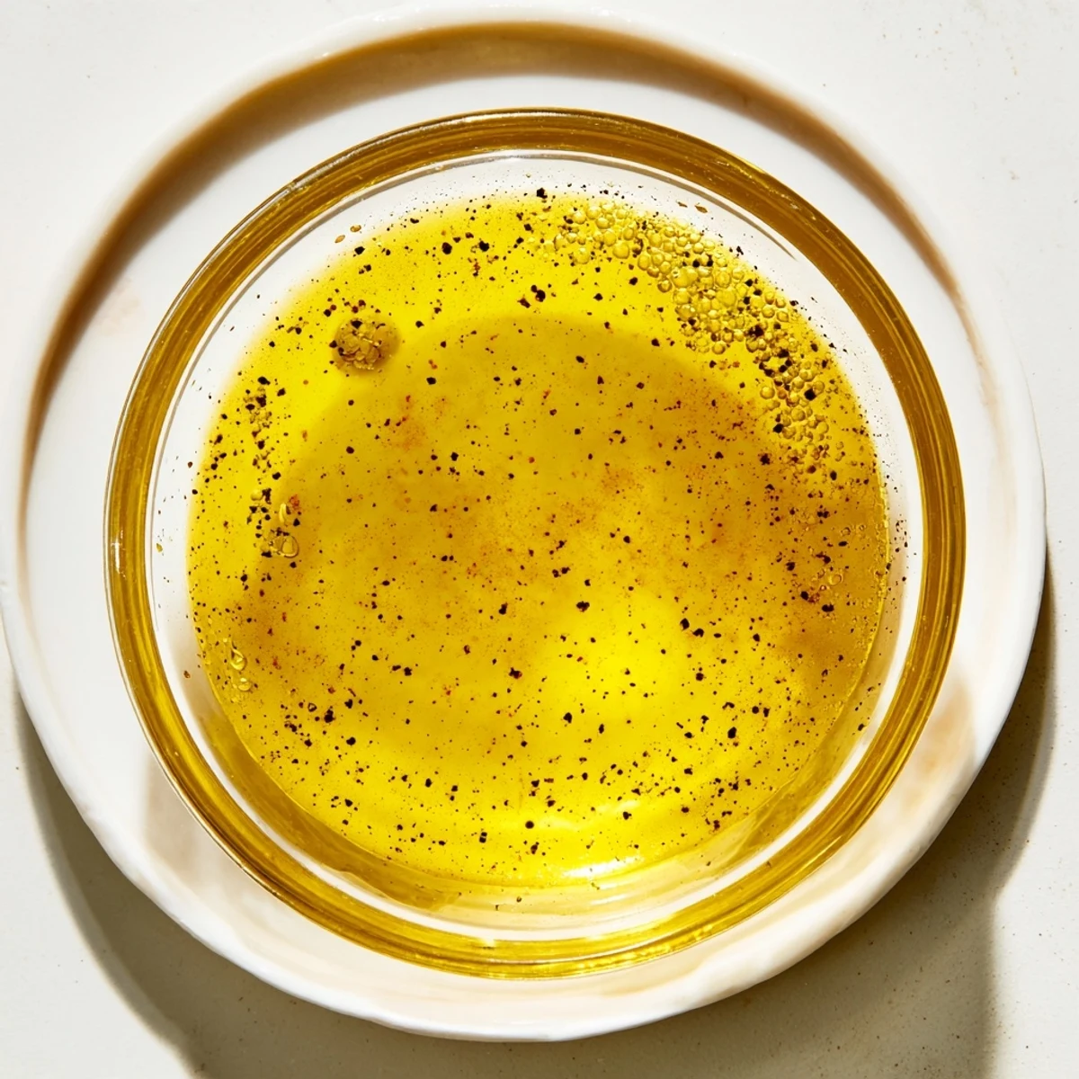 Smooth homemade honey lemon vinaigrette dressing whisked in a clear glass jar