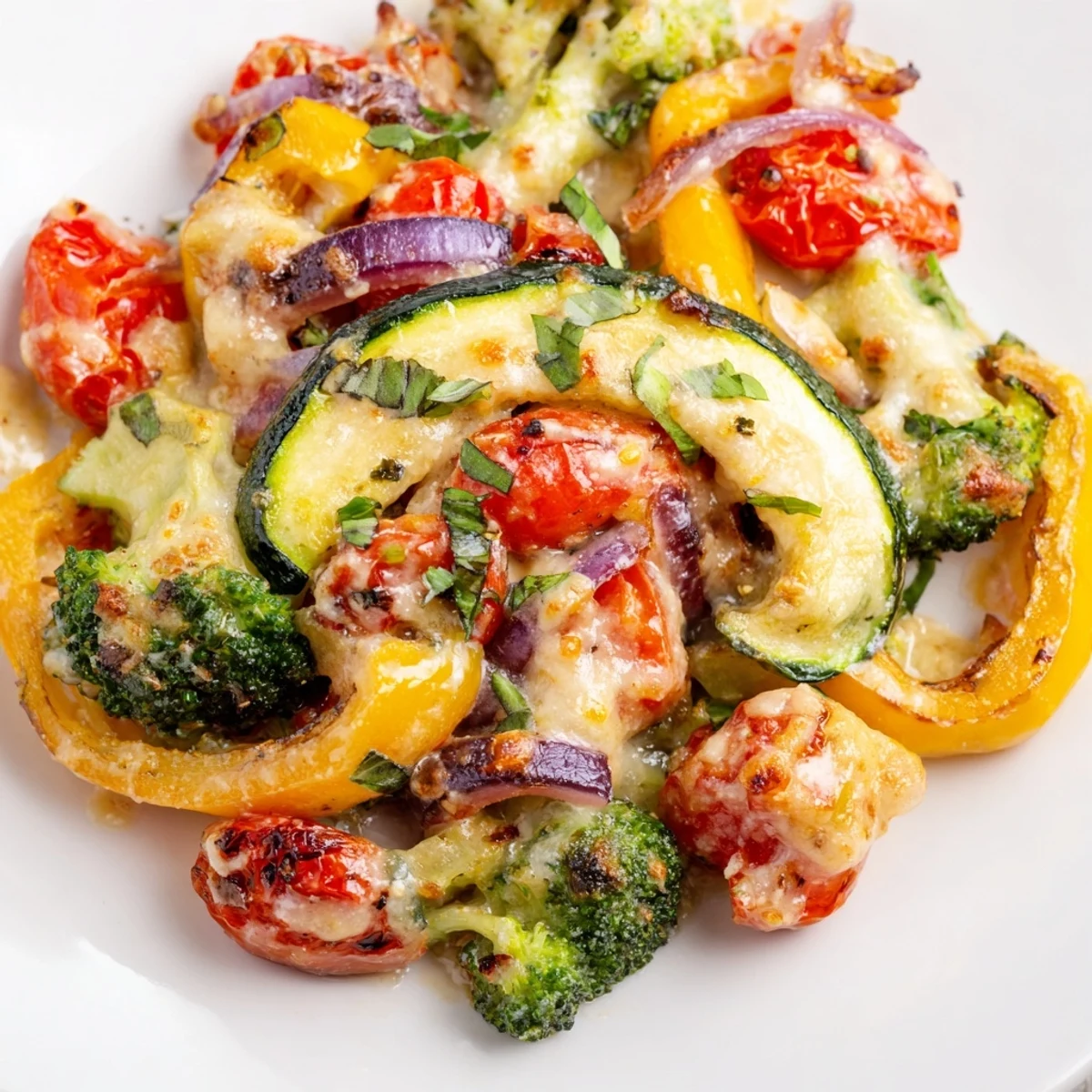 Colorful roasted vegetable medley tossed in creamy sun-dried tomato sauce with fresh basil garnish