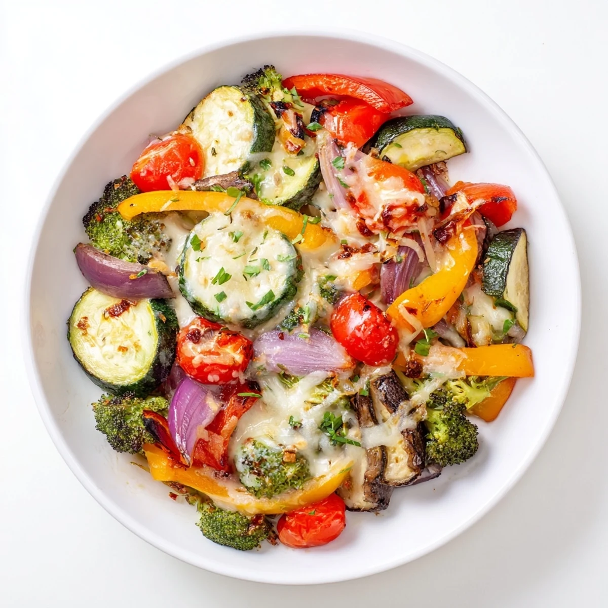 Golden zucchini bell peppers and eggplant roasted to tender perfection in a white baking dish