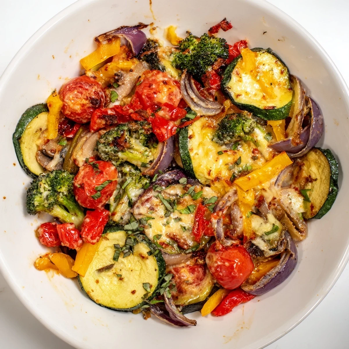 Vegetarian Marry Me roasted vegetable medley served in a bowl with Parmesan and basil topping