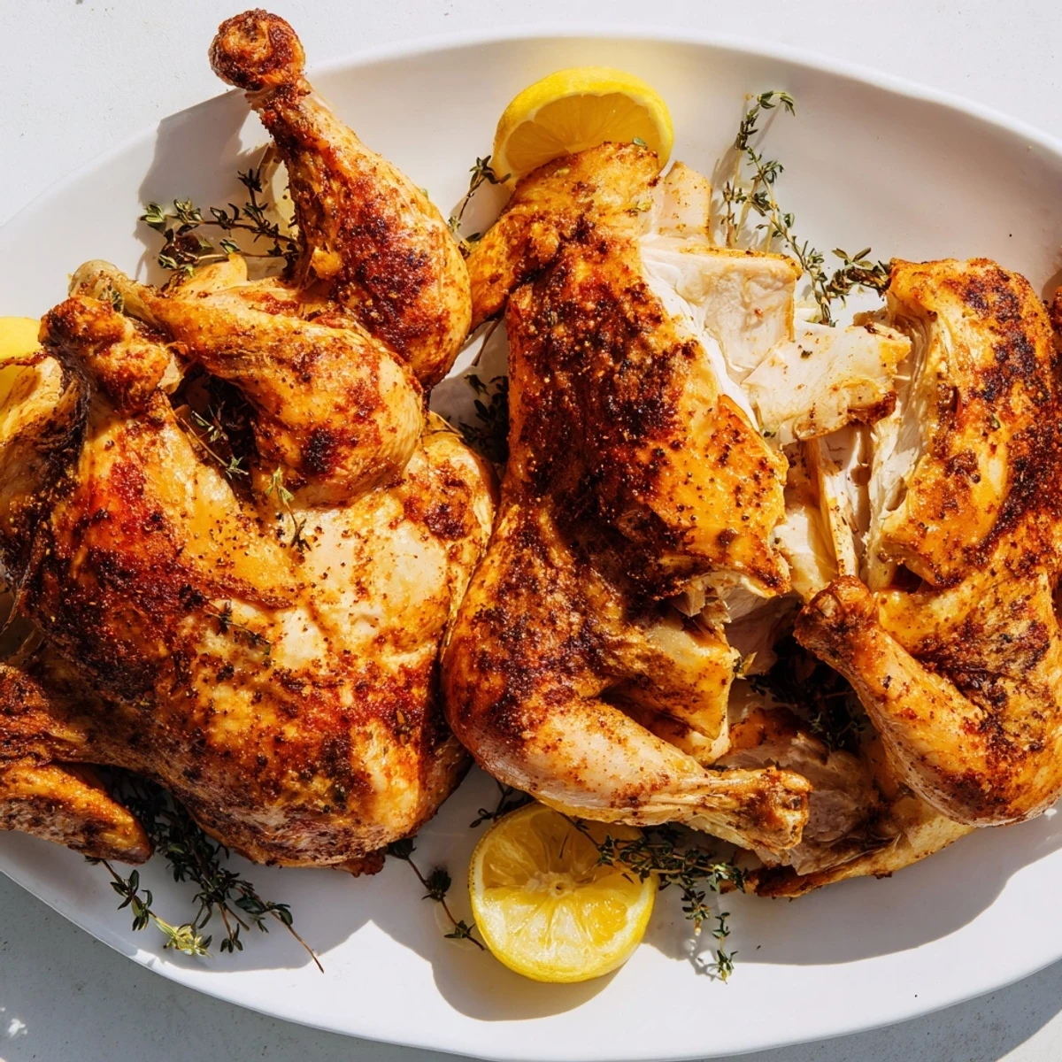Golden brown rotisserie chicken with crispy seasoned skin resting on a carving board