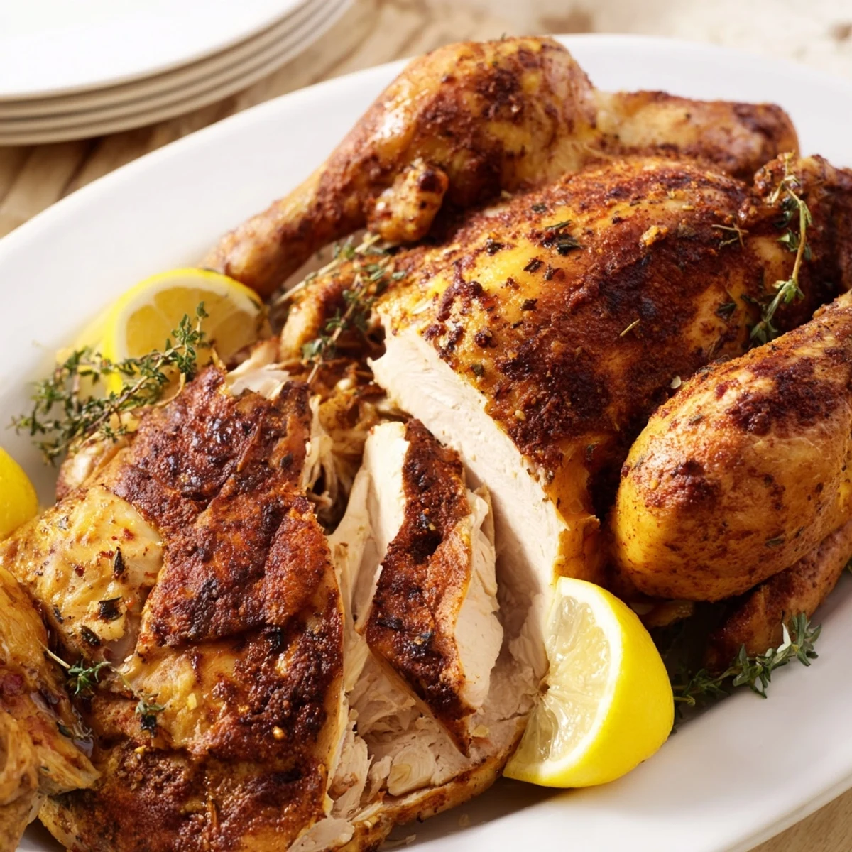 Perfectly roasted rotisserie chicken with tender meat and beautifully browned skin ready for serving