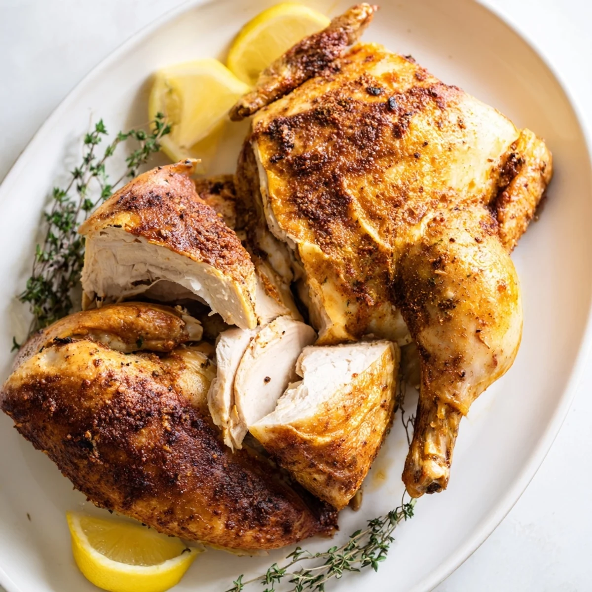 Whole juicy rotisserie chicken garnished with fresh herbs and lemon slices on a platter