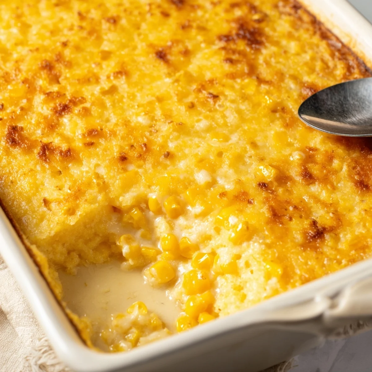 Golden honey glazed corn casserole with a caramelized top and tender kernels in a creamy custard