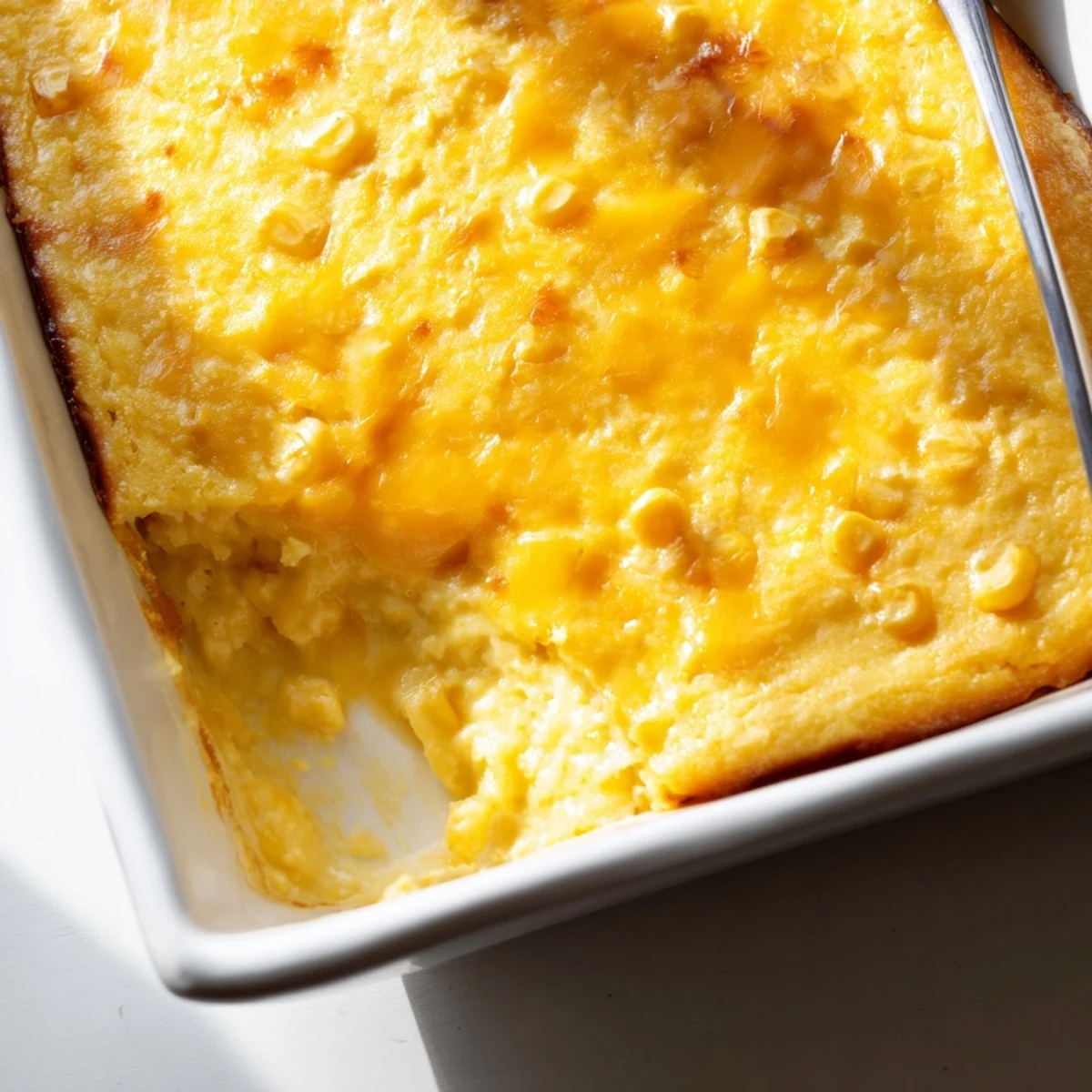 Baked honey glazed corn casserole featuring melted cheddar cheese and a golden brown crust in a white dish