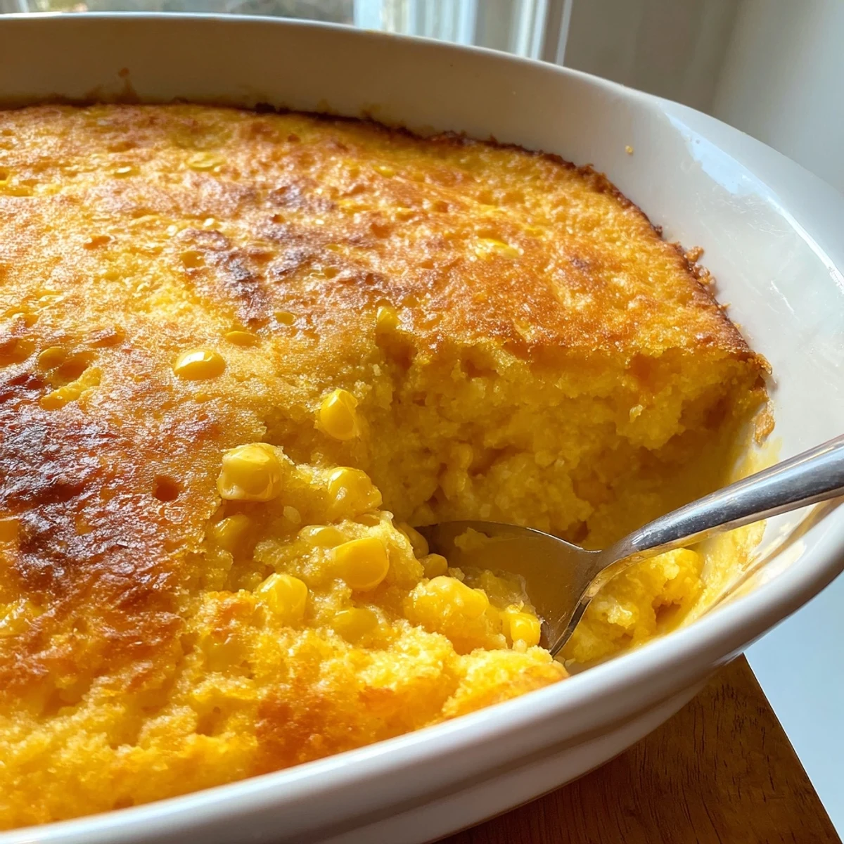 Creamy honey glazed corn casserole served warm with a glossy honey finish and fluffy texture for holiday gatherings