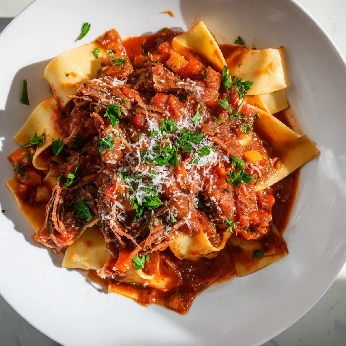 Slow cooker beef ragu with tender shredded beef in rich tomato sauce over pappardelle pasta