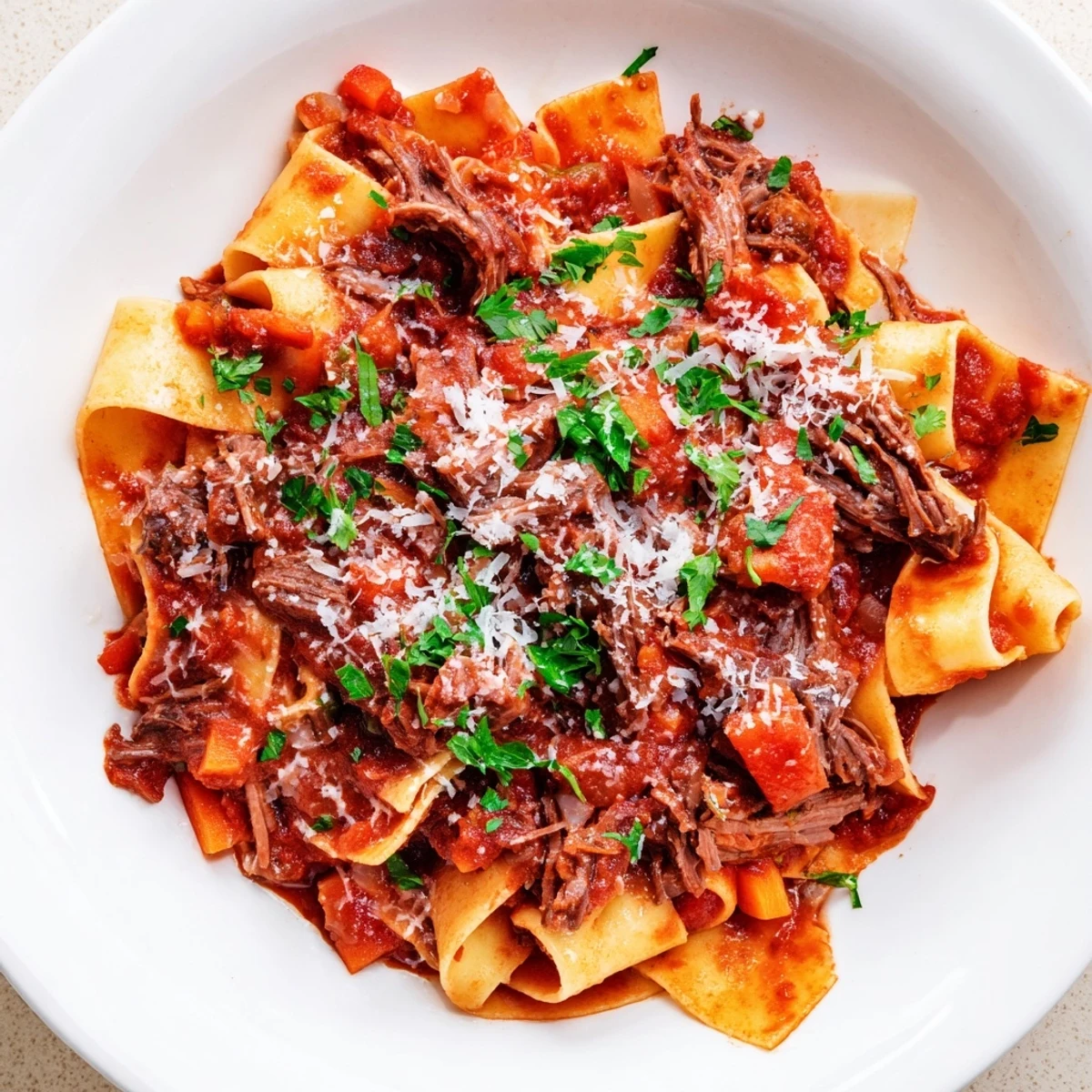 Homemade slow cooker beef ragu plated over creamy polenta with fresh parsley garnish and grated Parmesan