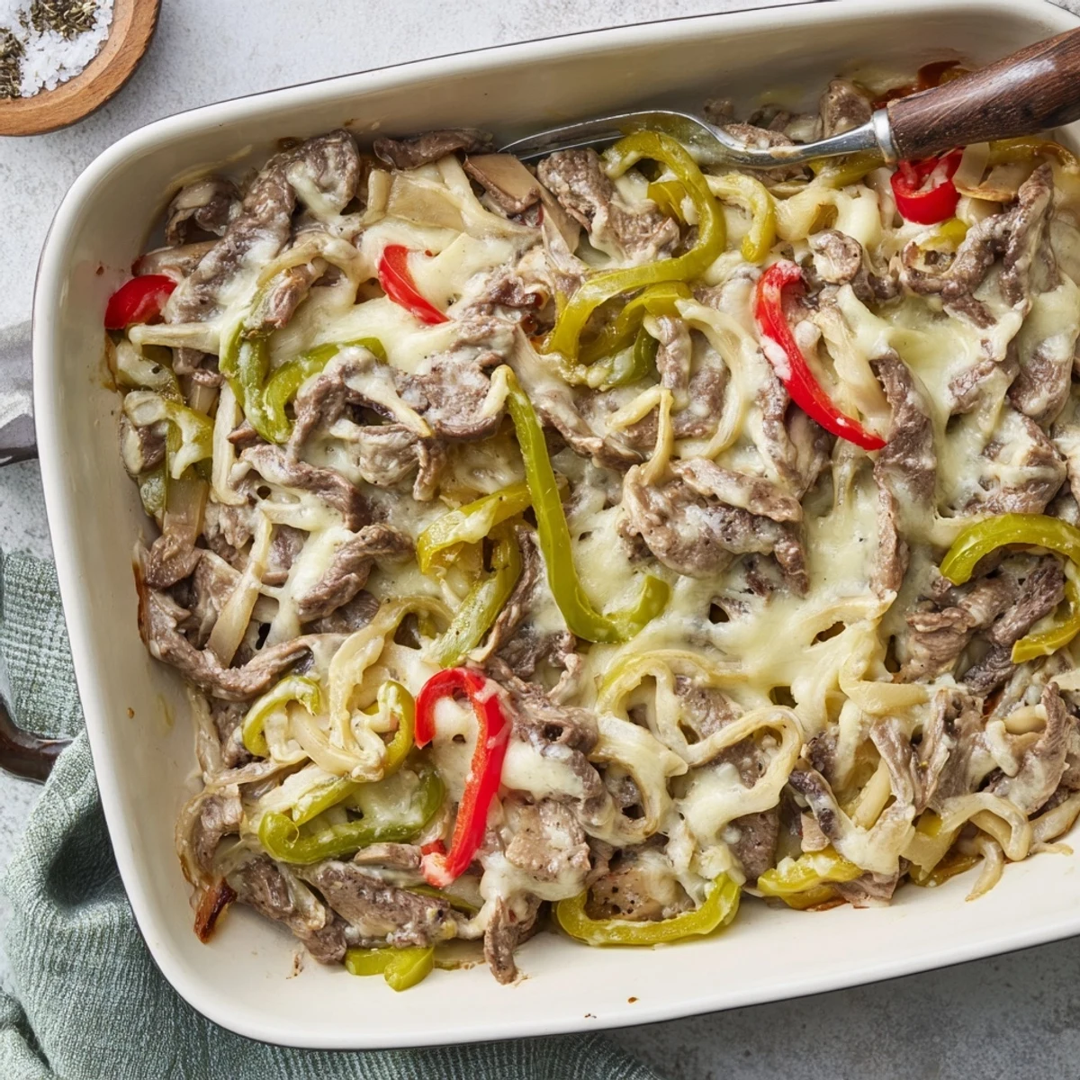 Golden bubbly low carb Philly cheesesteak casserole with melted provolone and mozzarella cheese