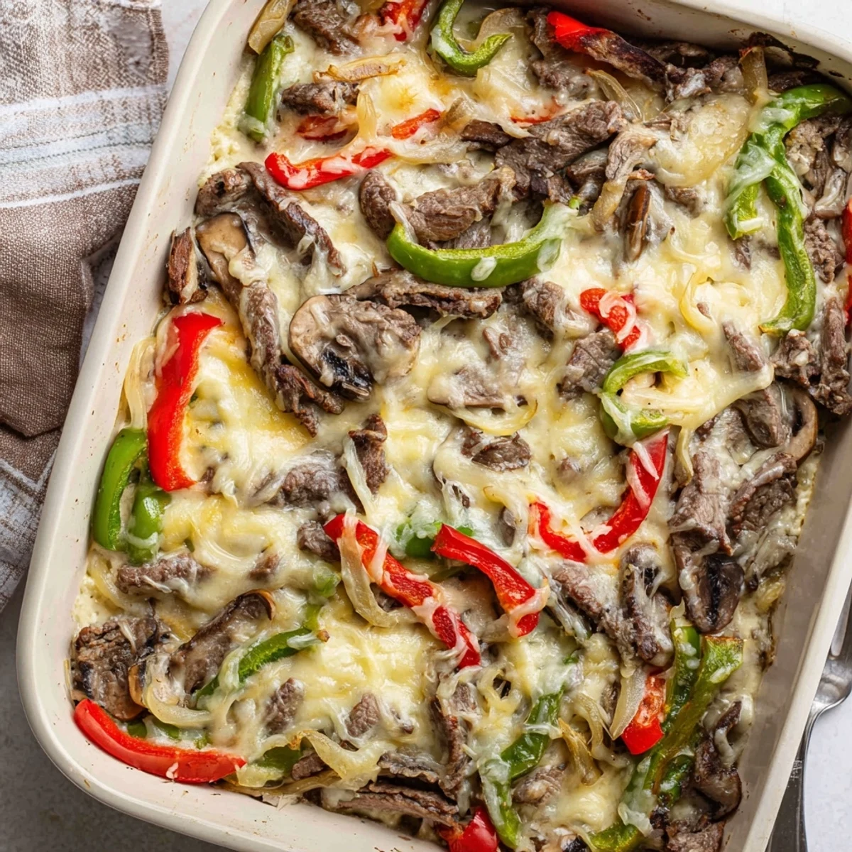Baked low carb Philly cheesesteak casserole featuring tender beef peppers and onions