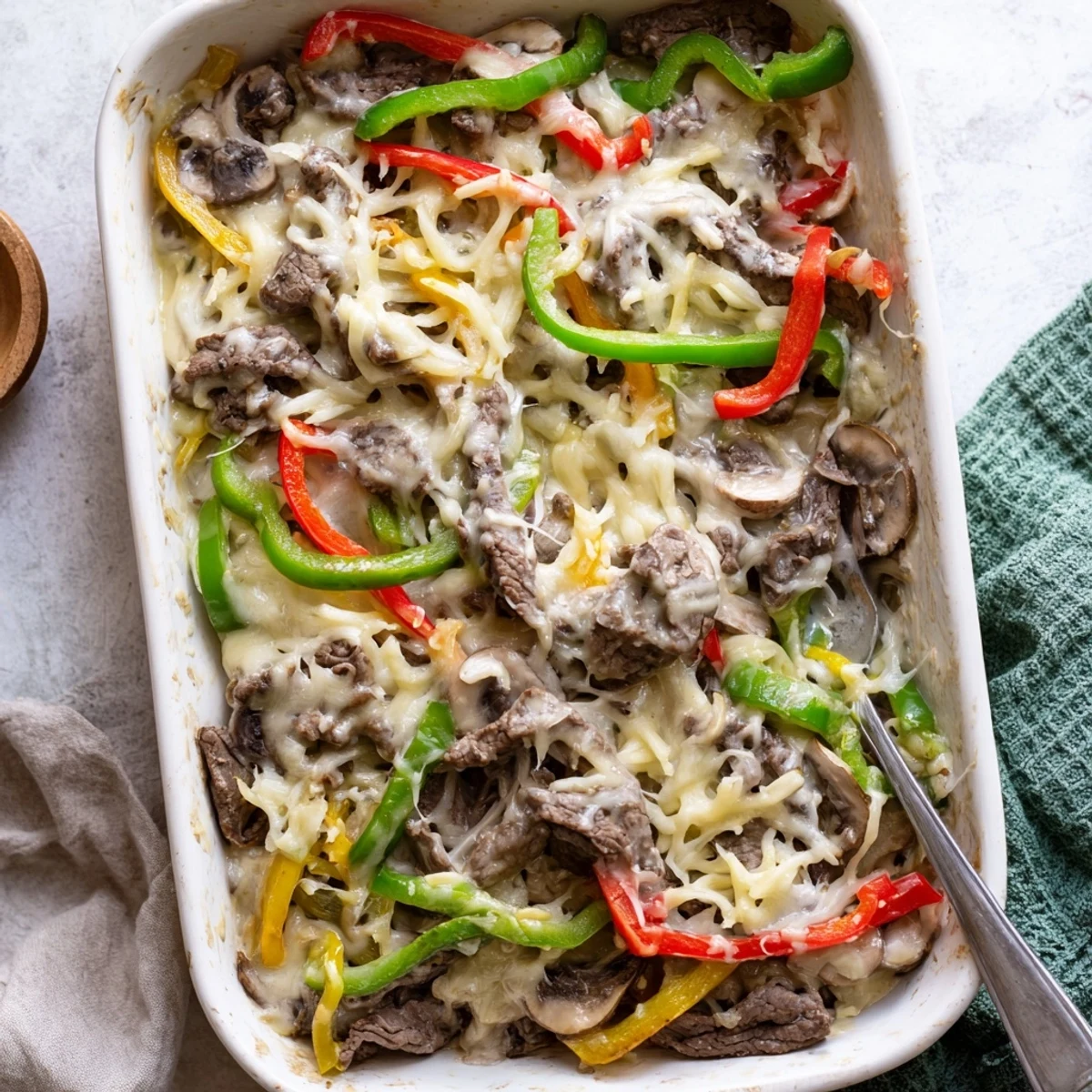 Savory beef and vegetable low carb Philly cheesesteak casserole fresh from the oven