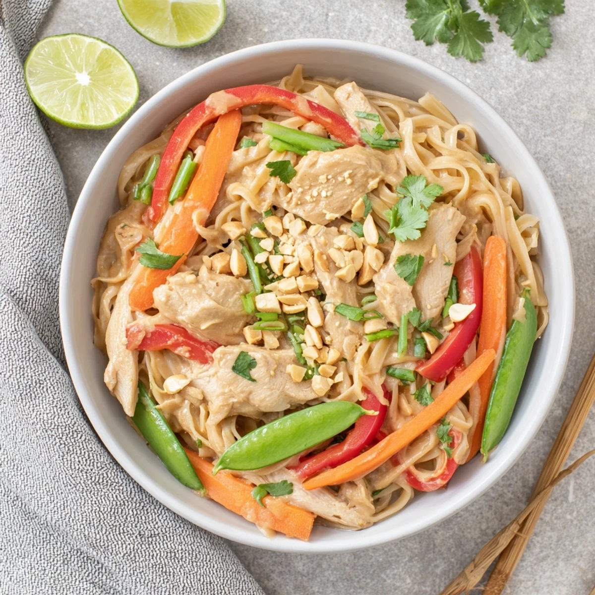 Golden slices of chicken and colorful crisp vegetables coat rice noodles in rich Thai peanut chicken noodle bowls