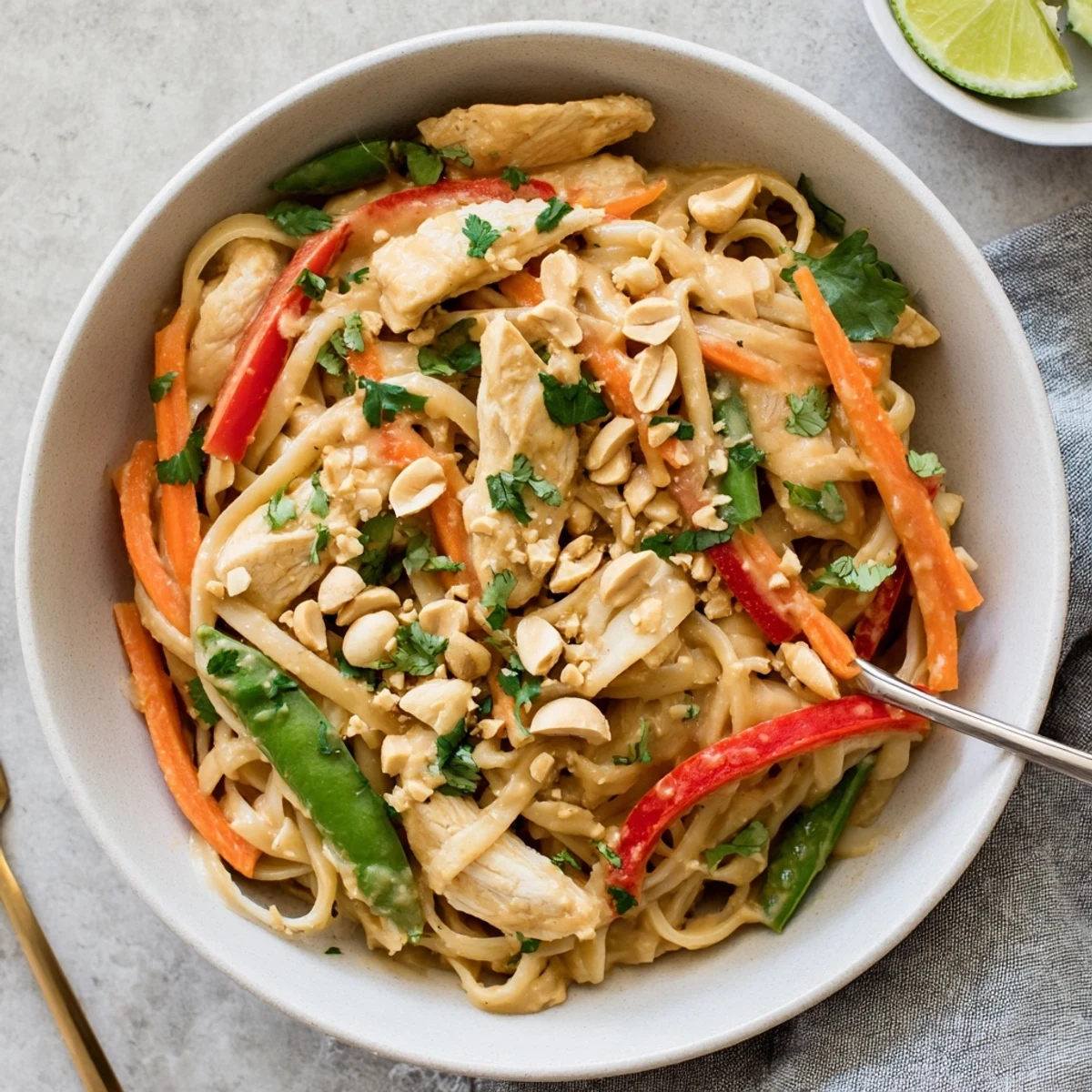Vibrant Thai peanut chicken noodle bowls piled high with noodles, crunchy vegetables, and sliced chicken in glossy sauce