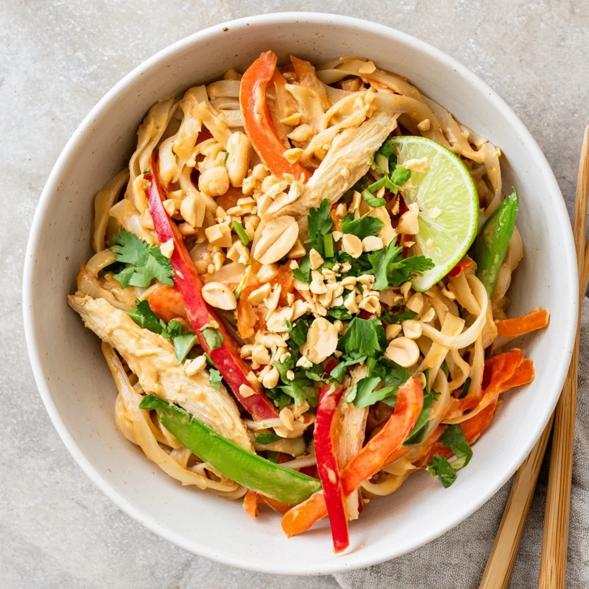 Steamy Thai peanut chicken noodle bowls feature tender chicken chunks and vibrant veggies drizzled with creamy peanut sauce