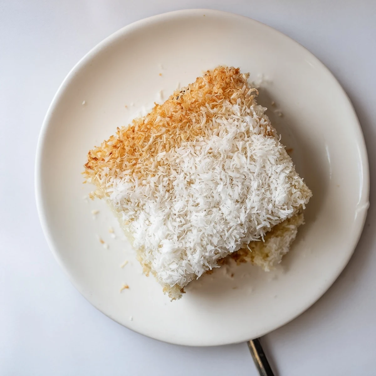 Golden coconut mochi cake with shredded coconut topping on a white plate