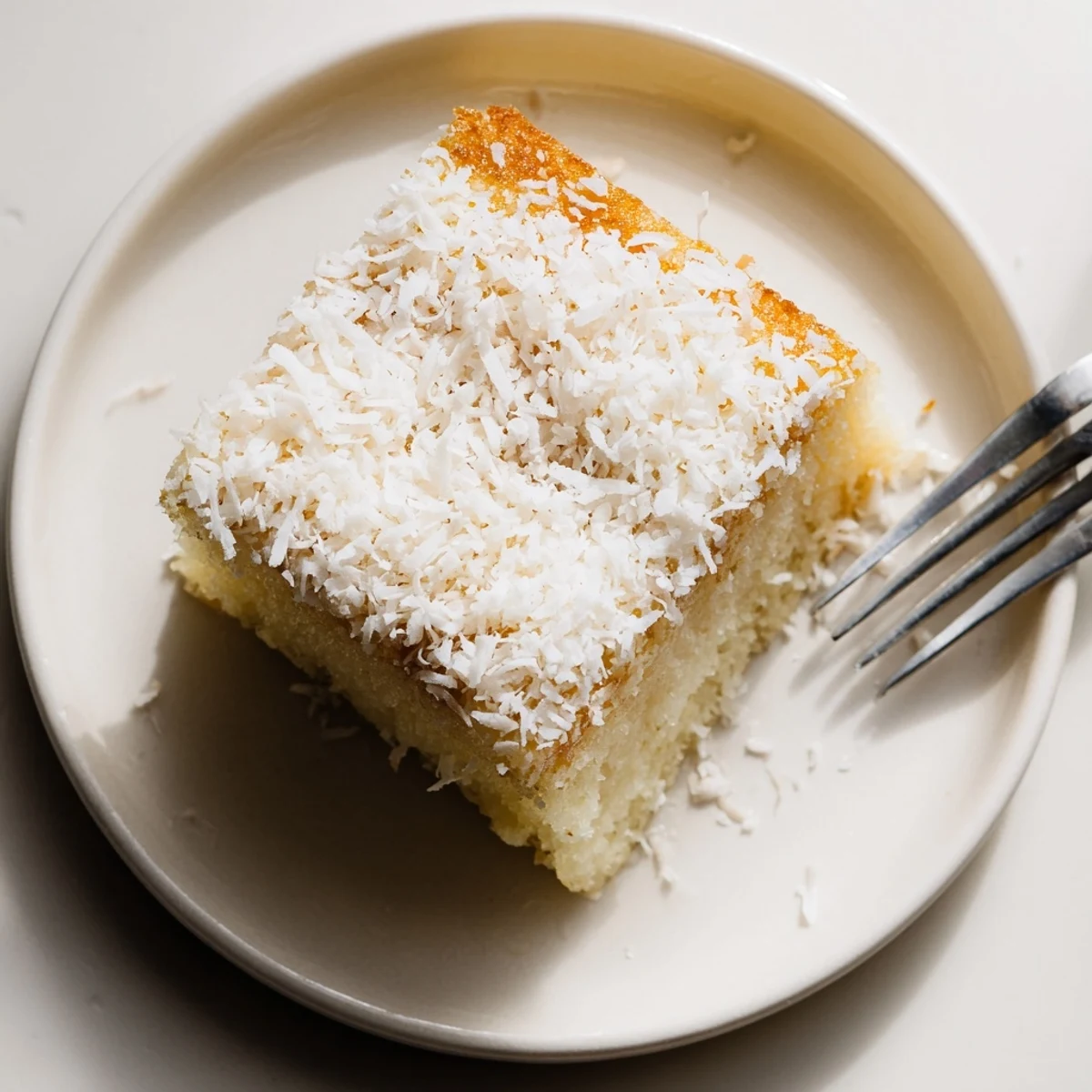 Baked coconut mochi cake with golden edges and fluffy coconut topping sprinkled generously