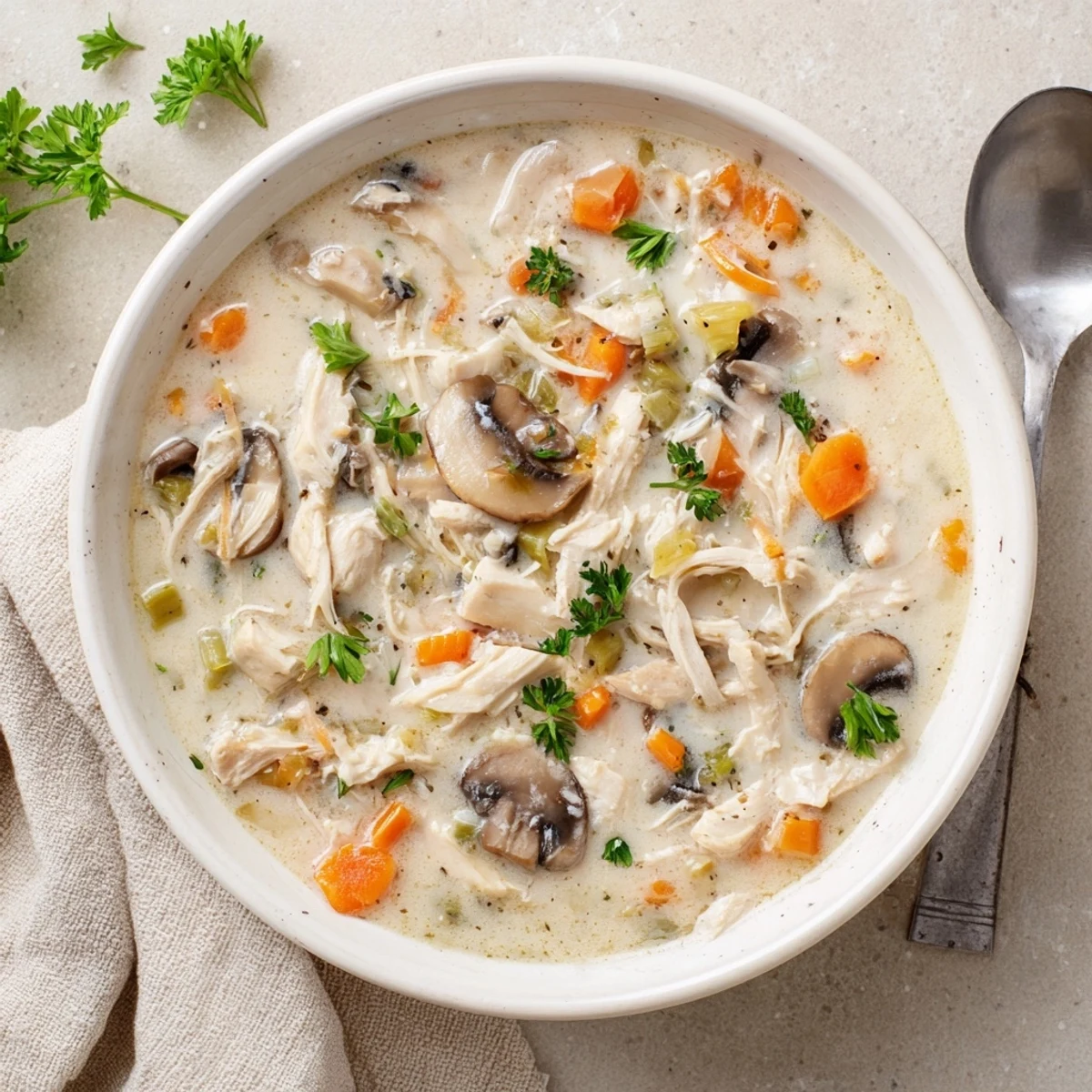 Creamy rotisserie chicken mushroom soup served in white bowls with fresh parsley garnish