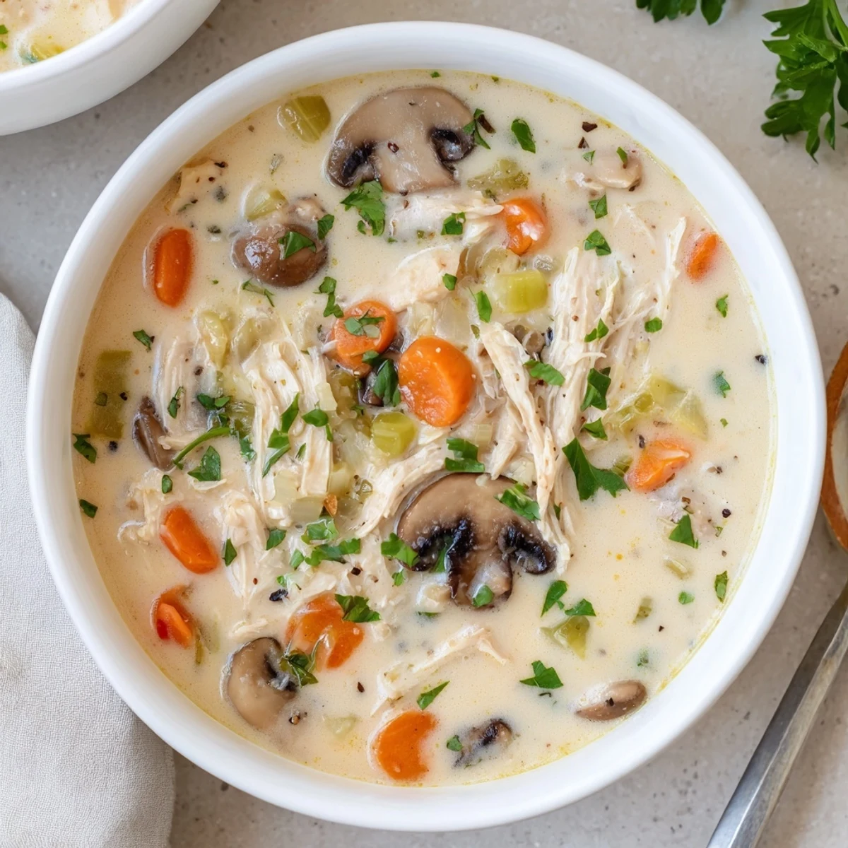 Steam rising from bowl of rich creamy rotisserie chicken mushroom soup with sliced mushrooms