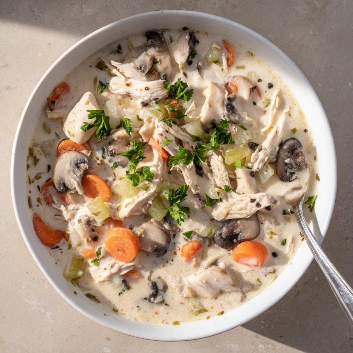 Homemade creamy rotisserie chicken mushroom soup ladled into rustic bowl with crusty bread