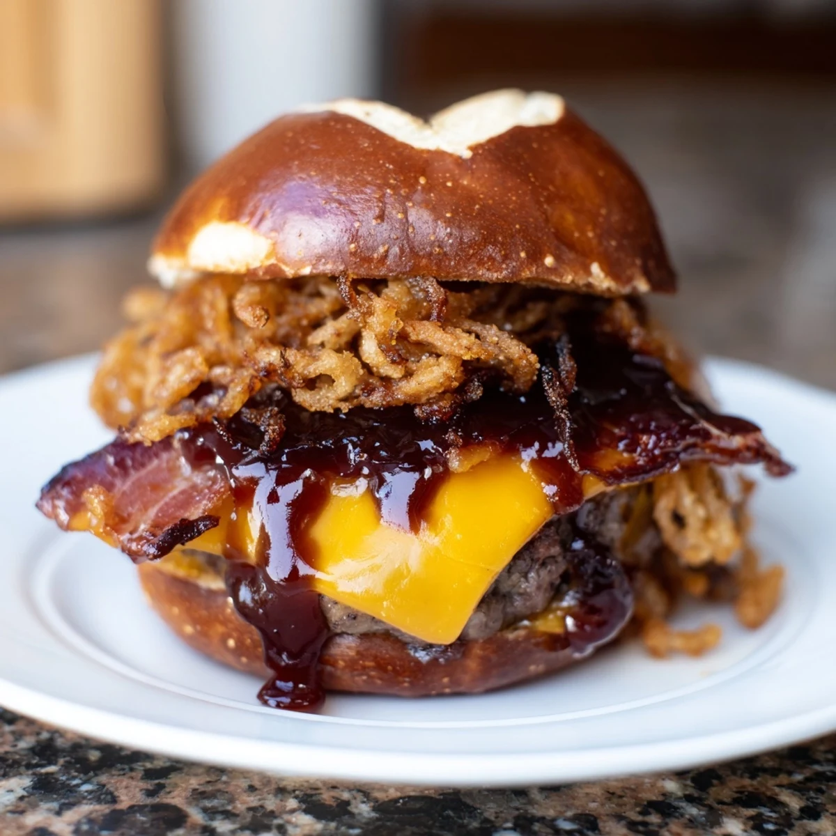 Savory Pretzel Cowboy Sliders topped with bacon, barbecue sauce, and sharp cheddar cheese