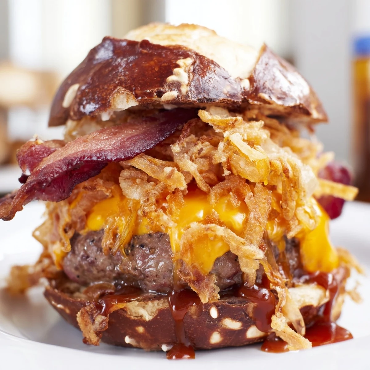 Golden pretzel bun sliders stacked with juicy beef, melted cheddar, and crispy fried onions