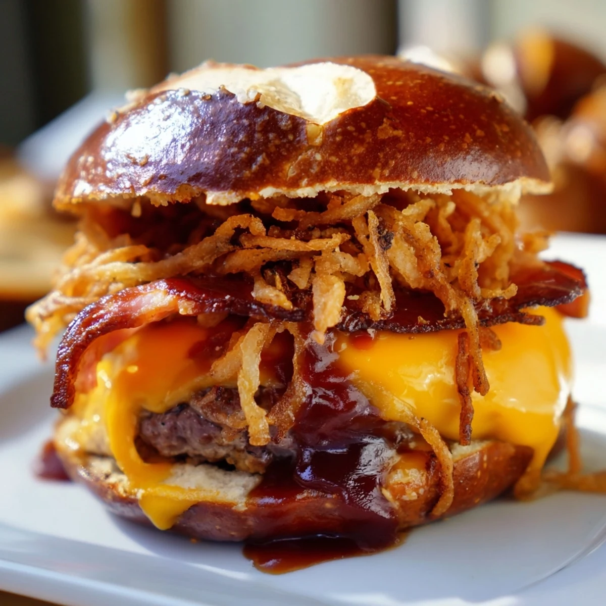 American-style Pretzel Cowboy Sliders featuring grilled beef patties on toasted pretzel buns