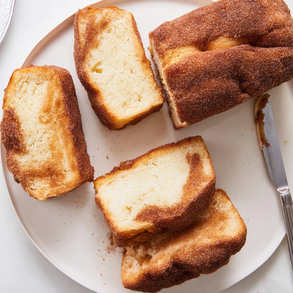 Moist cinnamon sugar donut bread slice with swirled interior and sugary crust close-up