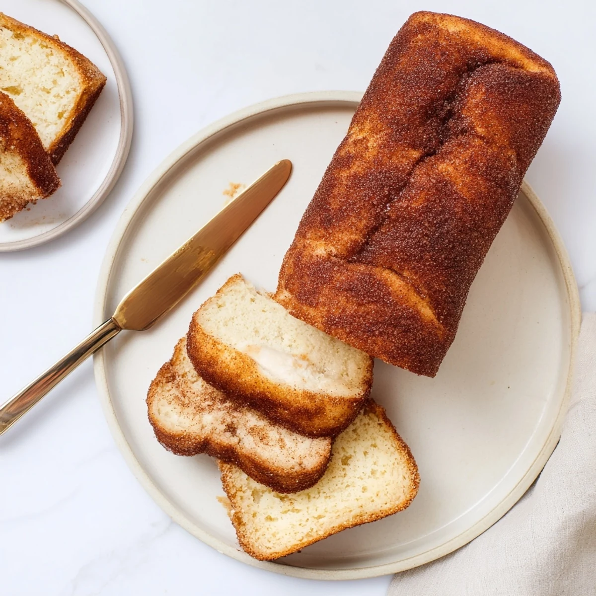 Golden brown cinnamon sugar donut bread loaf with sweet crumbly topping on a white plate