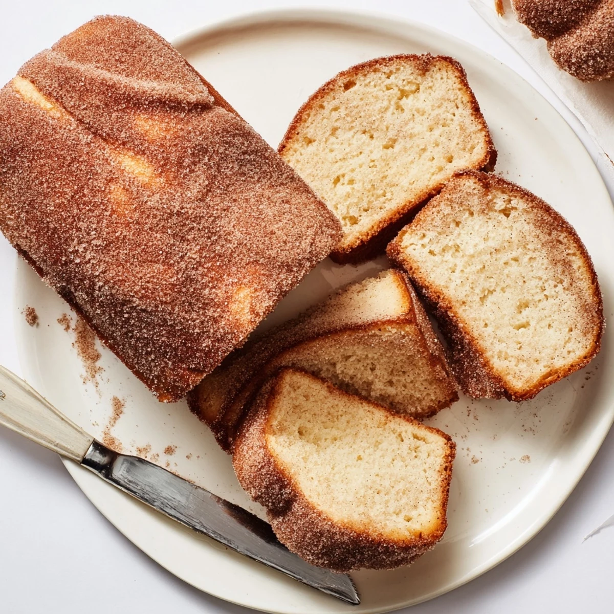 Warm cinnamon sugar donut bread freshly baked with buttery glazed topping on wooden board