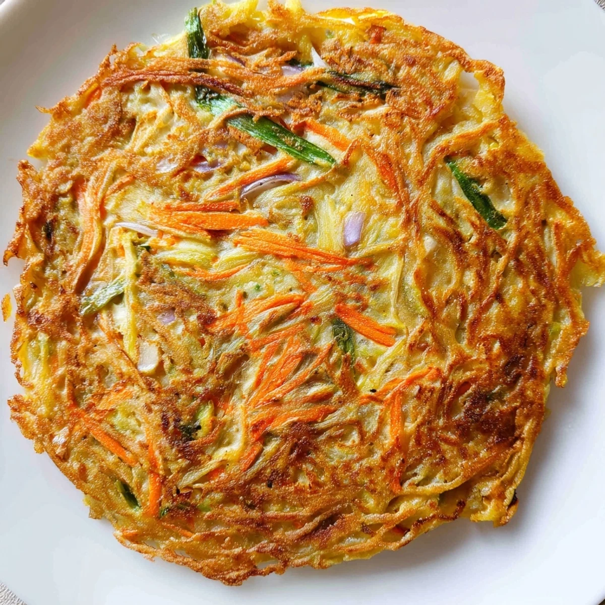 Hot round Korean pancakes featuring scallions and carrot strips with crispy golden edges