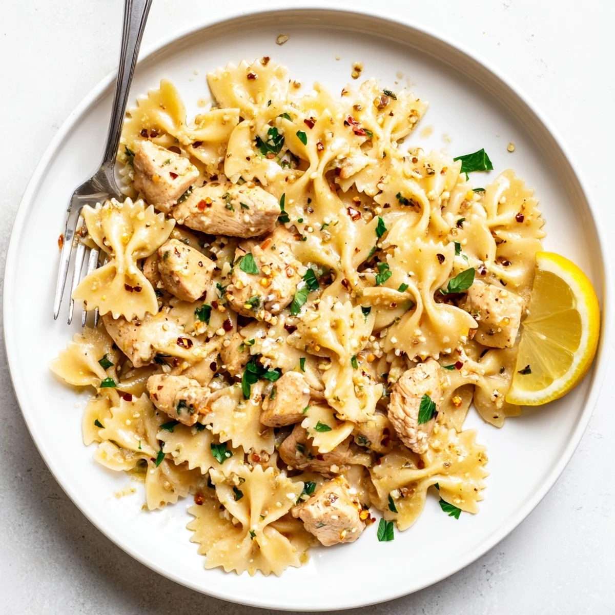Golden low carb cowboy butter lemon bowtie chicken tossed in zesty herb sauce