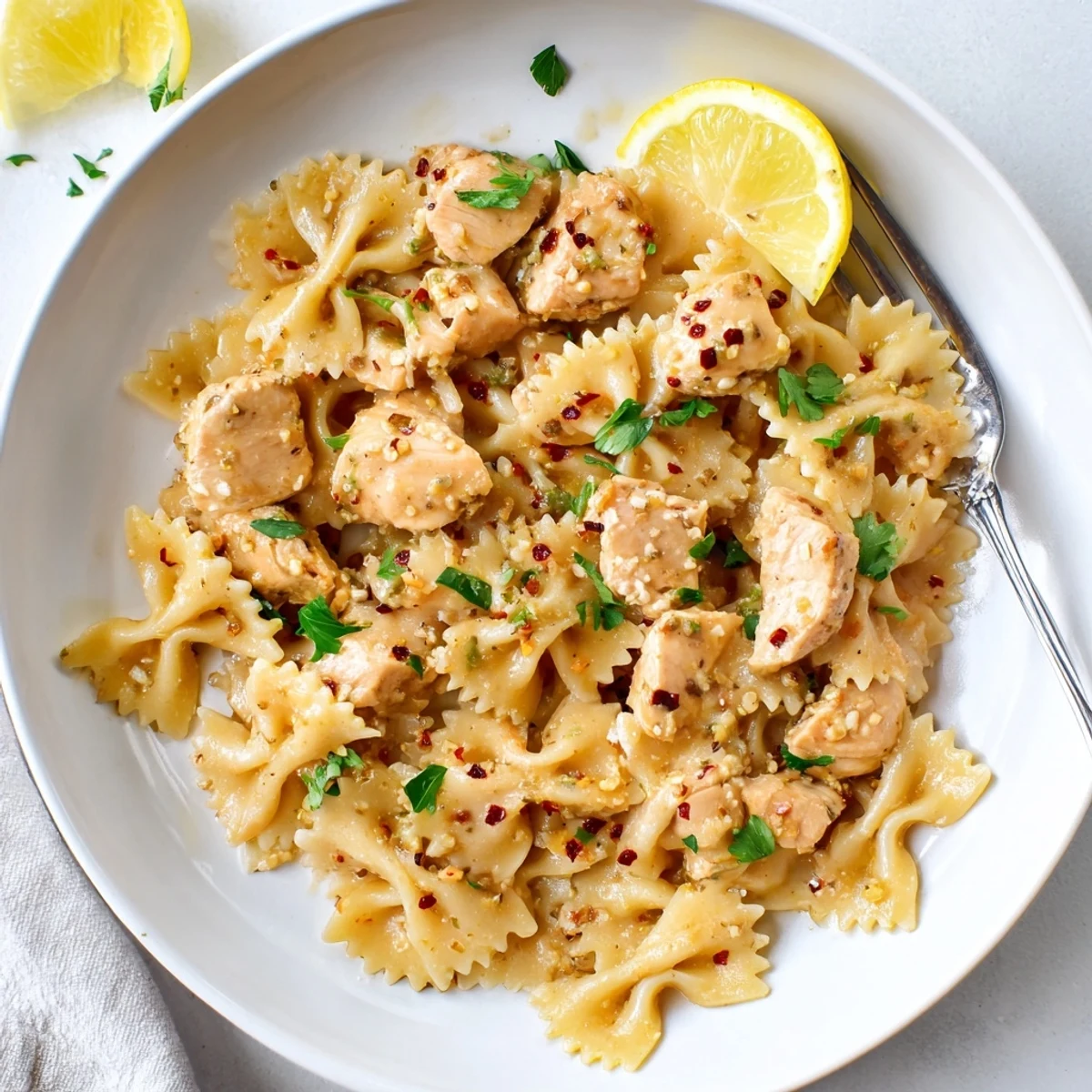 Savory low carb cowboy butter lemon bowtie chicken pasta with melted garlic butter
