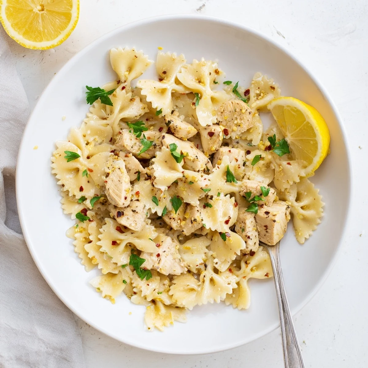 Creamy low carb cowboy butter lemon bowtie chicken with fresh parsley and lemon