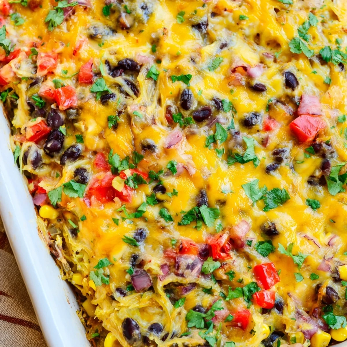 Golden bubbling Mexican spaghetti squash casserole topped with melted cheddar and fresh cilantro