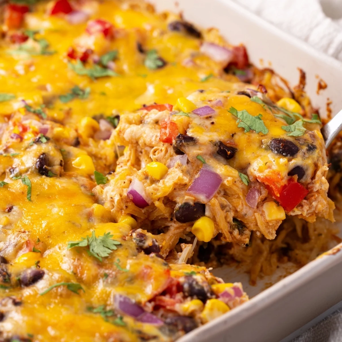 Baked Mexican spaghetti squash casserole with black beans corn peppers and cheesy topping
