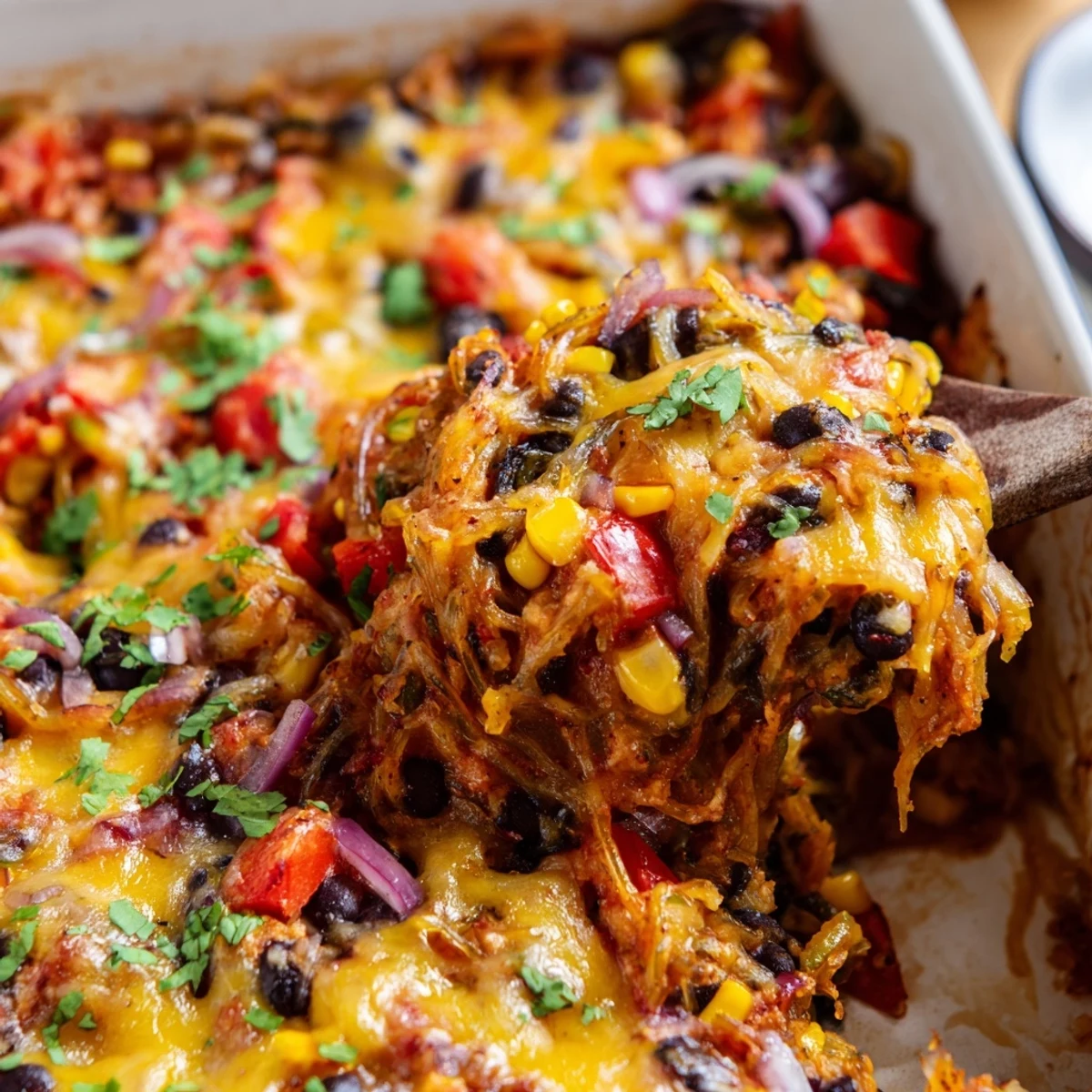 Gluten-free Mexican spaghetti squash casserole fresh from oven with lime wedges and cilantro