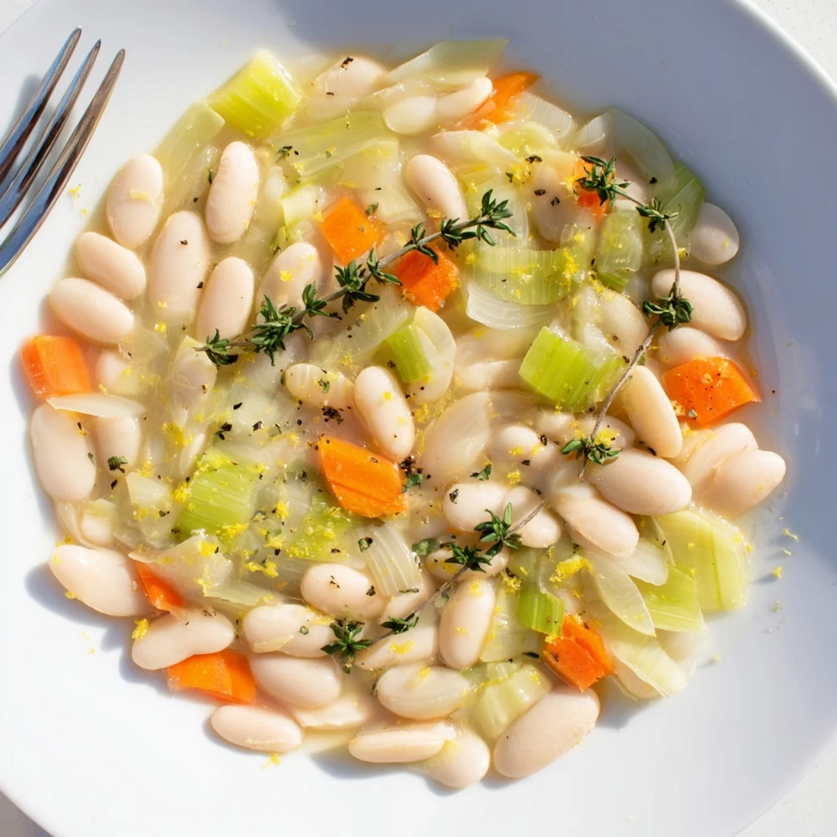 Creamy butter beans with leeks simmered in a skillet with fresh thyme and parsley garnish
