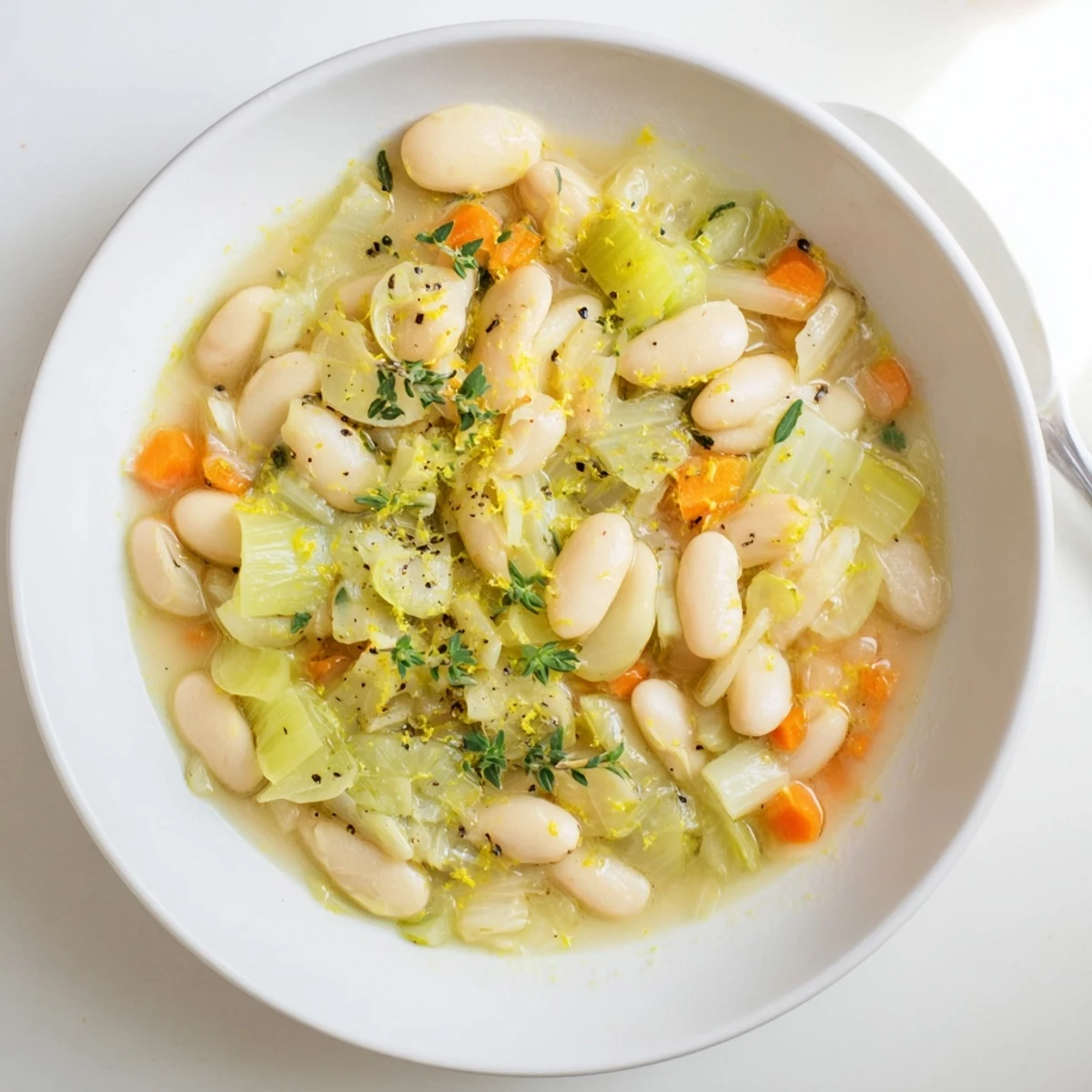Rustic butter beans and tender leeks dish served in a bowl with crusty bread
