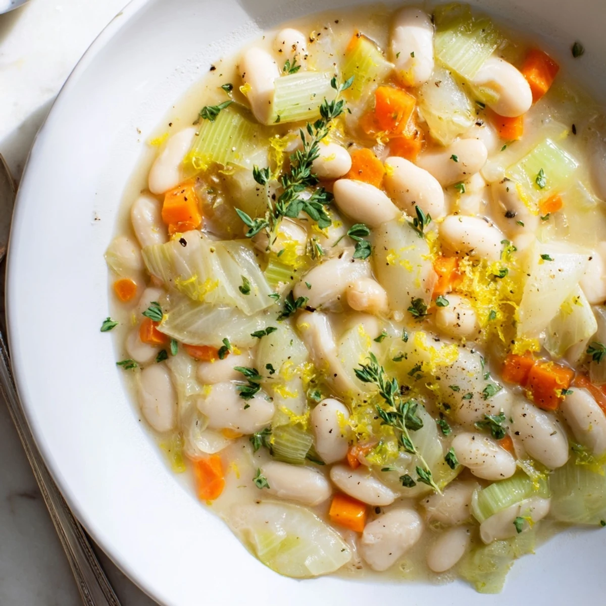 Golden butter beans with aromatic leeks cooked in vegetable broth with lemon zest