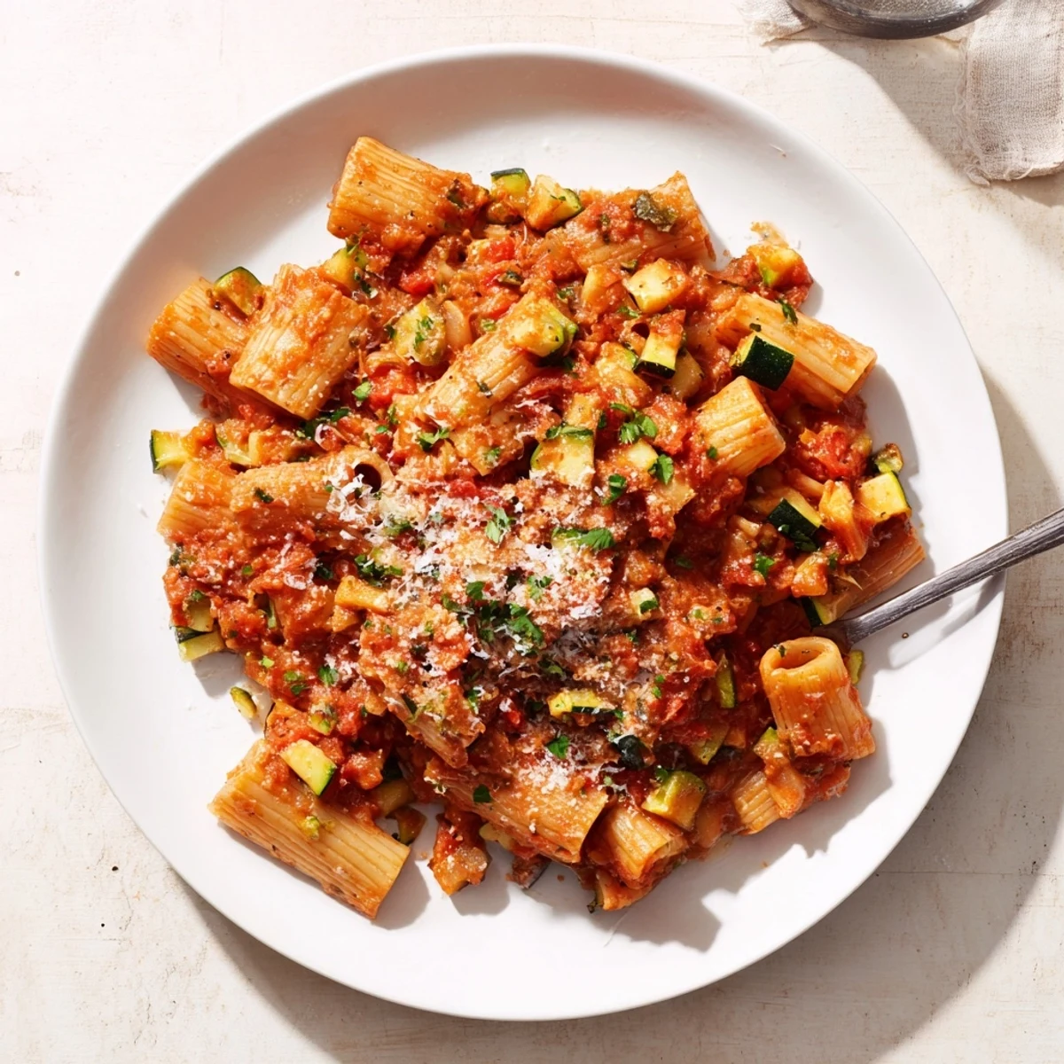 Creamy Italian zucchini sauce simmers with diced zucchini, tomatoes, and aromatic fresh herbs in a rustic skillet