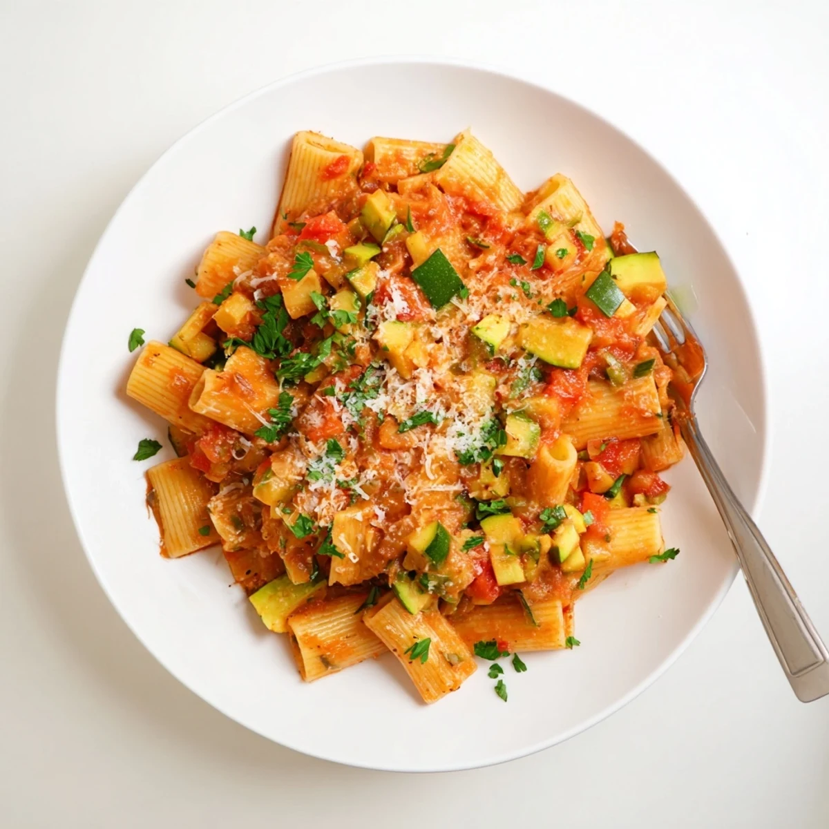 Golden Italian zucchini sauce coats pasta with tender zucchini pieces, vibrant red tomatoes, and fragrant basil garnish
